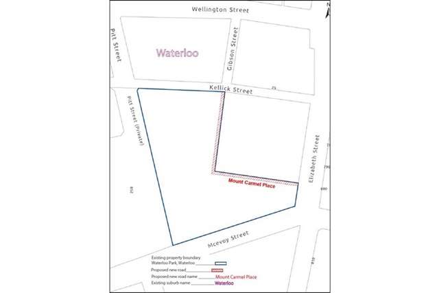 Map shows the proposed road on the boundary of Waterloo Park and Our Lady of Mount Carmel Catholic School between Elizabeth Street and Kellick Street, Waterloo.