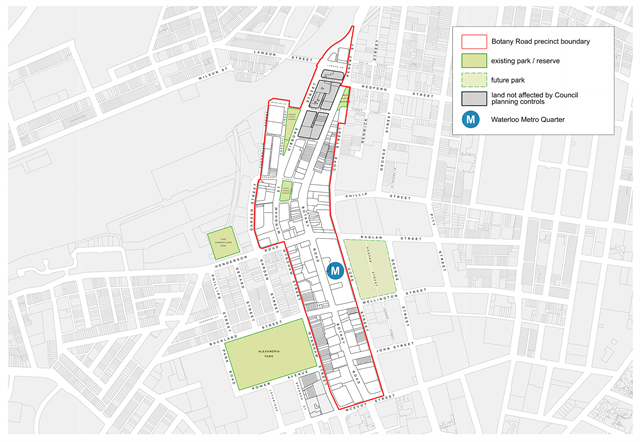 Map of an urban area with red outline marking the area of interest.