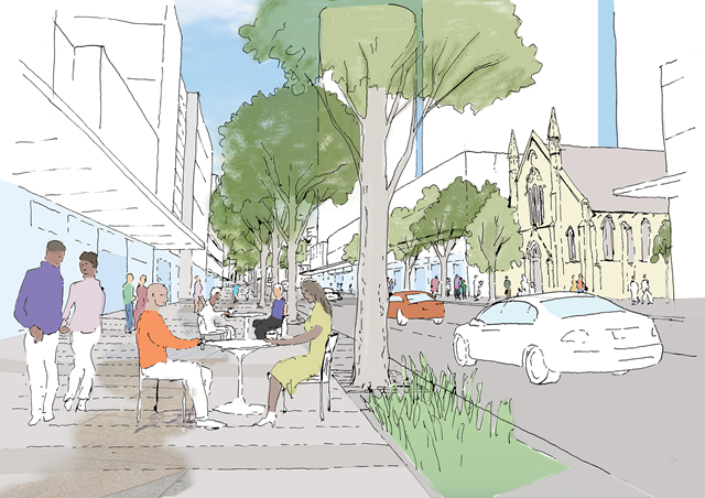 Sketch of people at a table on a pavement with trees and nature strip between them and a road.