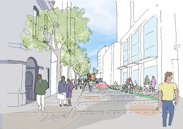 Sketch of laneway being used by pedestrians, cyclist and a car.