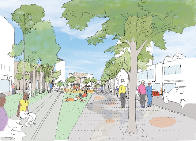 Sketch of wide pavement with stepped seating, trees and lawn.