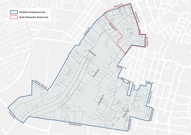 The southern enterprise area is bordered in the north-east by McEvoy Street, Wyndham Street, Botany Road, O'Riordan Street to Collins Street, east along Beaconsfield Street, Queen Street, Mentmore Avenue, Rothschild Avenue and Durdans Avenue, south along Gardeners Road and Canal Road to Sydney Park Road and Euston Road in the west. The north Alexandria study area is bordered by Bowden Street to McEvoy Street to Wyndham Street to Botany Road.