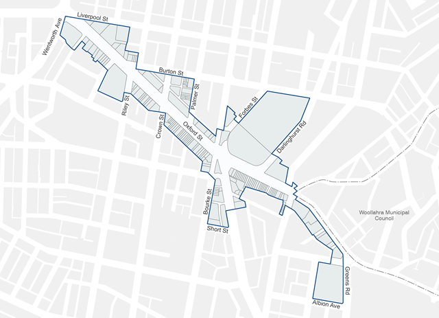 Map shows area of cultural and creative precinct from the start of Oxford Street at Hyde Park to the corner of Greens Road. Buildings fronting Oxford Street are highlighted. On the nothern side the precinct extends to include the buildings bordered by Burton and Palmer streets and the National Art School between Forbes Street and Darlinghurst Road to Burton Street. On the southern side the precinct extends at Taylor Square along Bourke Street to Short Street, and along Greens Road to Albion Avenue.