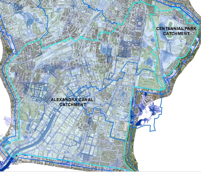 Map showing the extent of the study area, Alexandra Canal and Centennial Park catchment.
