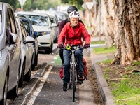 A bicycle rider on a cycleway.