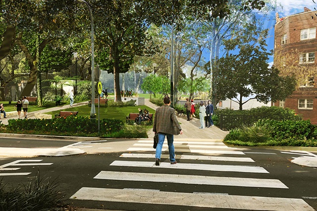 Artist's impression of completed works which include a cross walk and large trees