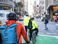 A group bicycle riders on a cycleway.