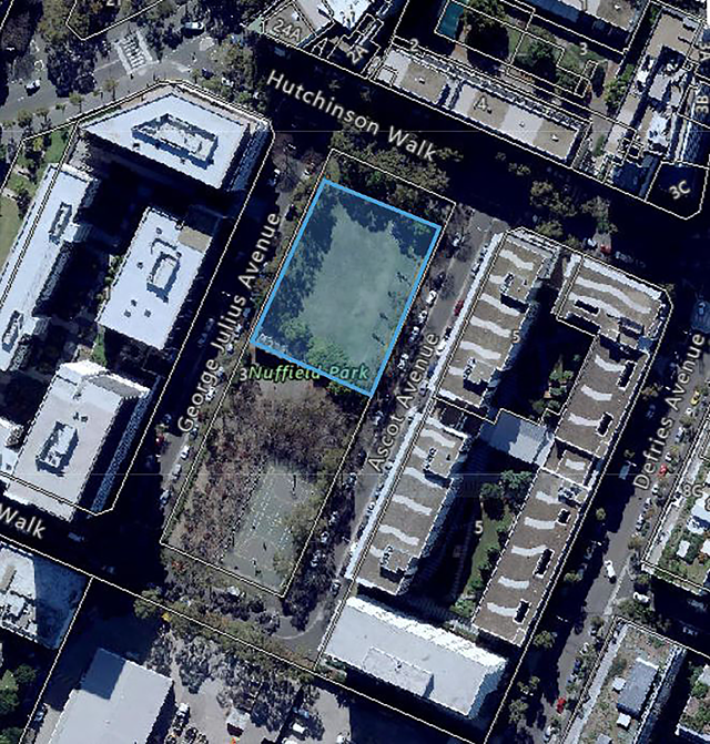 Aerial view of the park showing the proposed off-leash area.