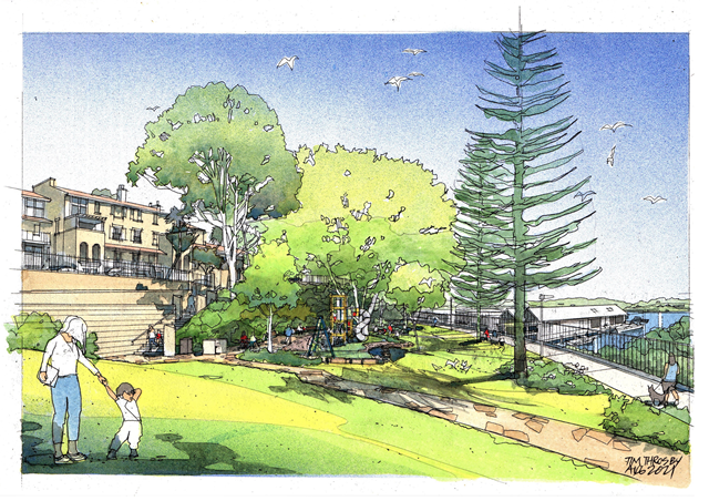 In the foreground a woman holds a child's hand walking through the park, while others walk along new pathways. In the background the children's play equipment is surrounded by seating and is shaded by mature trees.