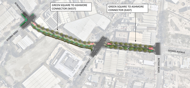 The new street will run from the intersection of Geddes Avenue and Botany Road, crossing at O’Riordan Street to the intersection of Bourke Road and Bowden Street.