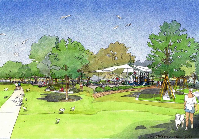 Watercolour sketch of park with trees and playground.