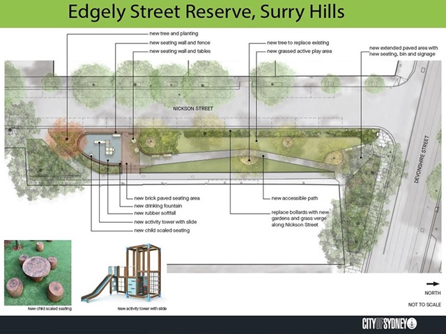Plan shows aerial view of Edgely Street Reserve highlighting locations for new planting, seating, bubbler, path and playground. Also shows images of the proposed play structure and new child seating.