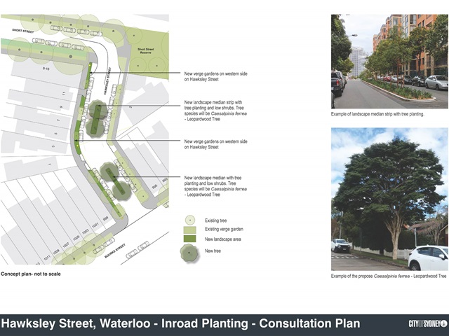 Plan shows new verge garden areas between the footpath and roadway on the western side of the street. Median with trees near the intersection with Bourke Street. Another median with trees past the bend in the road towards Short Street.
