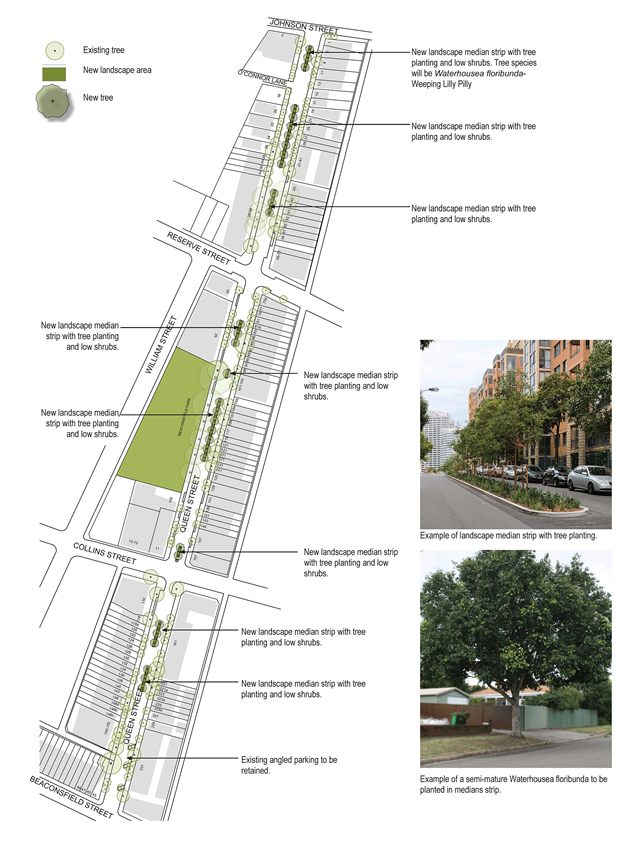 Plan shows 3 sections of the street with medians and new trees. 3 medians will be between the intersection of Johnson and Reserve streets. 4 medians will be between Reserve and Collins streets. And 2 medians will be between Collins and Beaconsfield streets.