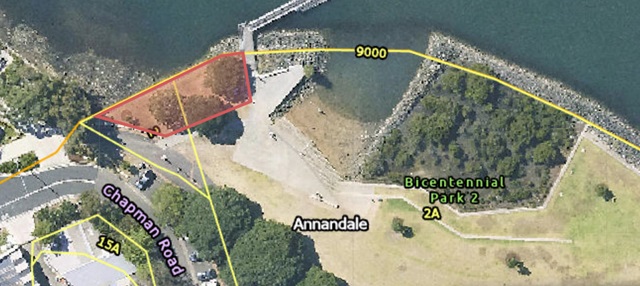 Aerial map showing a triangular area outlined in red near water, adjacent to Chapman Road and Bicentennial Park 2 in Annandale.