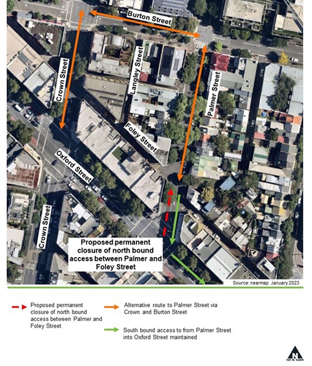 Map of Proposed permanent closure of north bound access between Palmer and Foley Street
