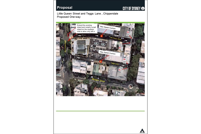 Map shows proposed one-way streets on Little Queen Street and Teggs Lane with new speed humps half way along the streets from Abercrombie Street to Balfour Street. Map also shows proposed extension of existing island and installing a small island on the southern side of the intersection of Abercrombie and Little Queen streets.