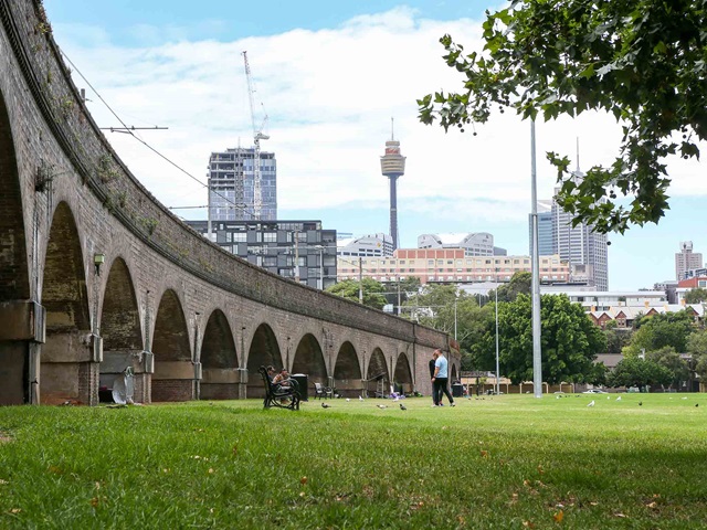 Photo shows the railway viaducts and people walking and sitting on the grass. In the distance you can see Pyrmont and buildings in the CBD.