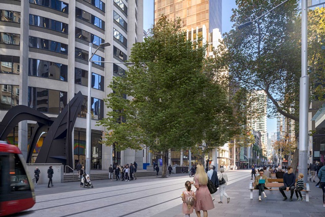 The front of a tram on the left coming from Circular Quay enters the pedestrian boulevard with many people walking, including people seated on new seats with new trees lining George Street.