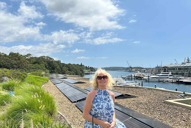 A person with sunglasses stands near solar panels by a marina, with boats and trees in the background under a partly cloudy sky.