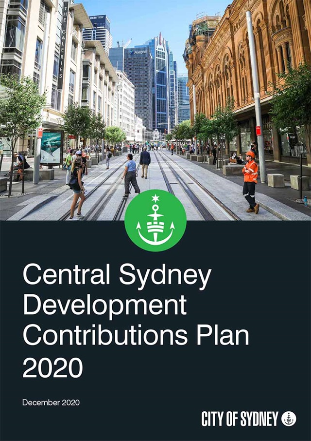 Document cover with City of Sydney logo and an image of pedestrians crossing a city street with tram line that is flanked by modern and heritage buildings.