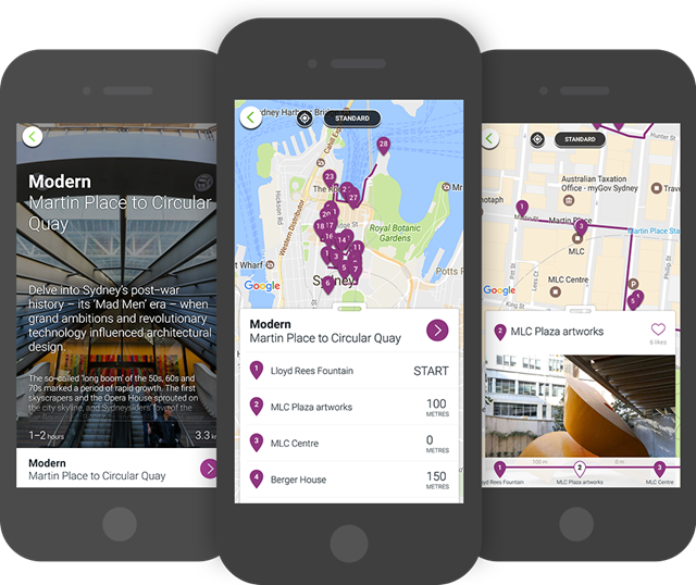 Three mobile device screens showing maps with routes and points of interest.