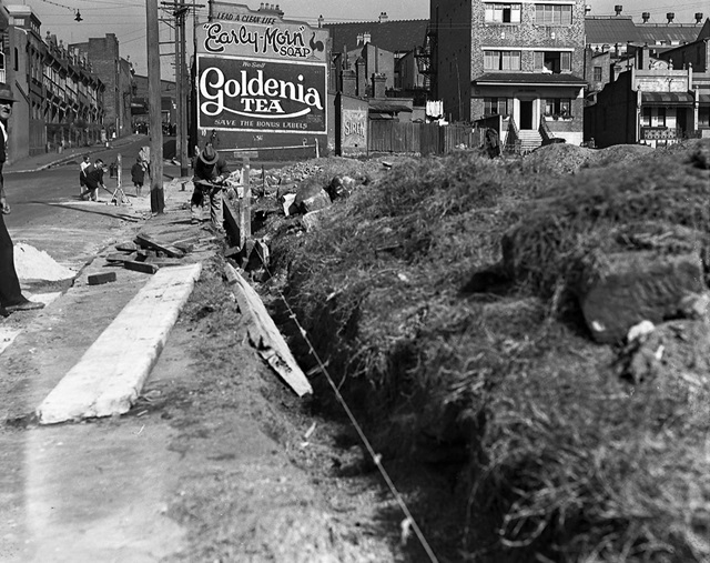 An historic photo of grass and shrubs in the foreground and buildings in the background.