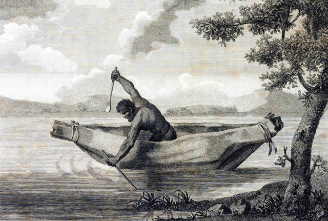 An historic drawing of a man in a boat.