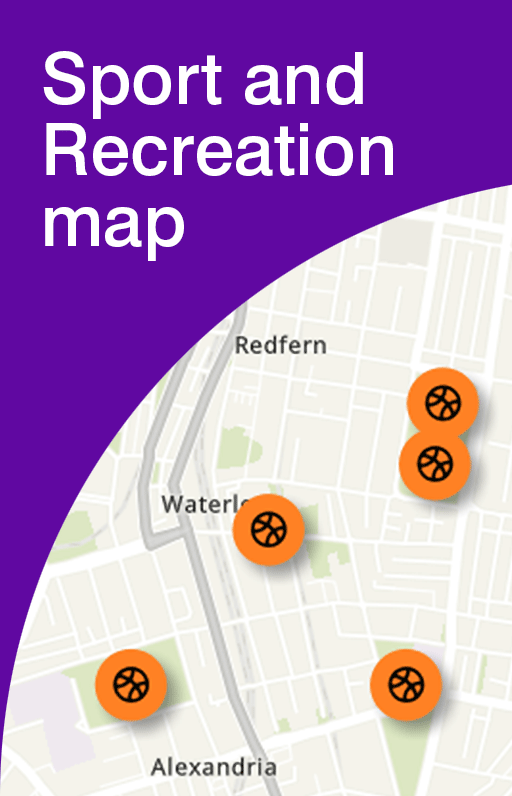 Section of a city map with orange sport and recreation icons marking locations near Redfern, Waterl, and Alexandria; "Sport and Recreation map" is written above on a purple background.