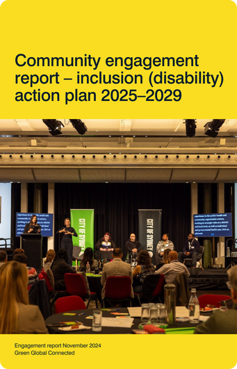 Book cover: A panel of six people discusses an inclusion action plan for 2025-2029 on stage at a community engagement event. Large banners and screens display key messages as the audience listens attentively.