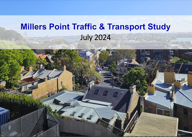 A report titled ‘Millers Point Traffic & Transport Study’ dated July 2024.It features a background image showing an elevated view of a residential area with multiple houses and greenery, leading towards a harbor with a bridge in the distance under a clear sky
