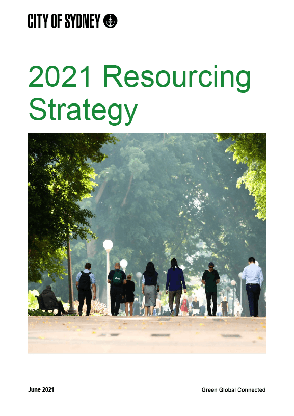 Document cover with City of Sydney logo and photograph of people walking through a park under an avenue of trees.