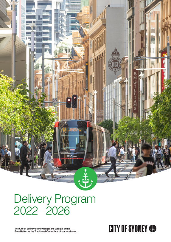 Document cover with City of Sydney logo and photograph of tram and people walking on the CBD on a sunny day.
