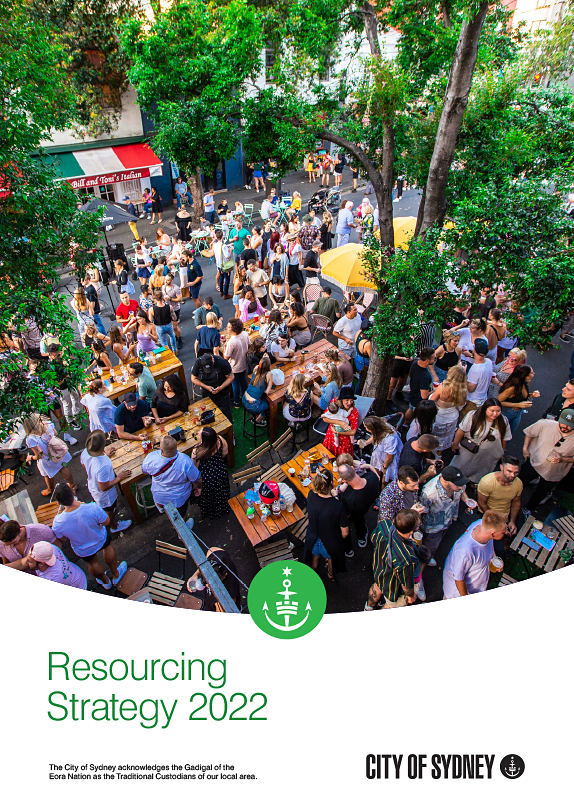 Document cover with City of Sydney logo and photograph of people socialising and drinking on a street with tables, chairs and trees.