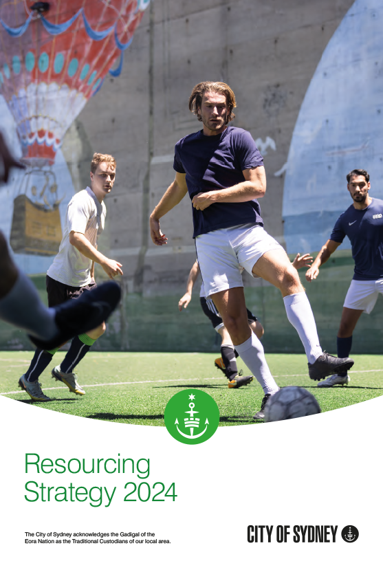 Three people playing soccer on an outdoor field. Colorful urban mural in the background. Text at the bottom: Resourcing Strategy 2024 by City of Sydney.