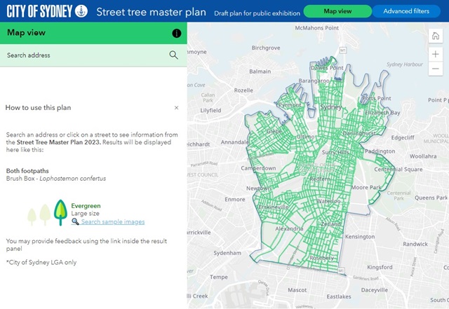 Screenshot of a web application, showing a map on the right, with streets marked in green, and a panel on the left explaining how to use the map.