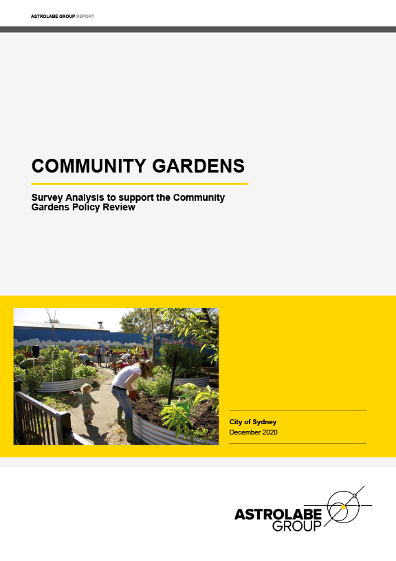 cover for community gardens report showing people working on vegetable garden beds