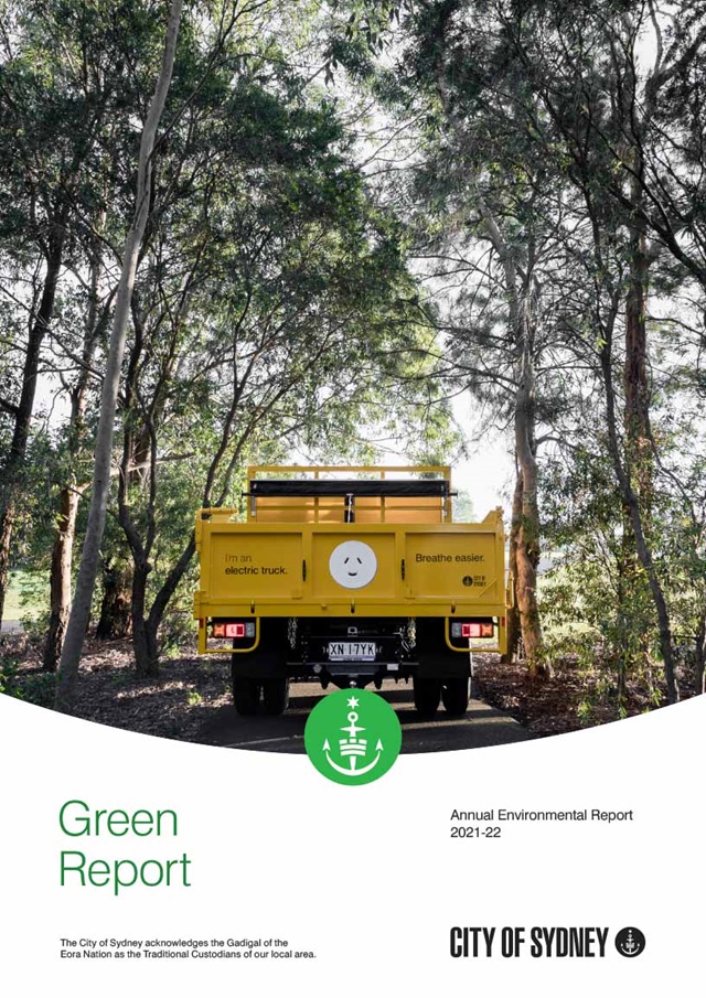 Document cover, showing an electric truck on a tree-lined pathway, and a title Green report: annual environmental report 2021-22.
