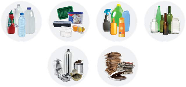 Items that belong in the yellow lid bin include plastic drink and sauce bottles, food containers, tubs and trays, meat trays, ice cream and yogurt tubs, plastic fruit boxes, moulded plastic containers for cleaning and personal care products. Glass bottles and jars. Aluminium and steel cans and tins, aerosol cans, aluminium foil. Cardboard, paper, clean pizza boxes.