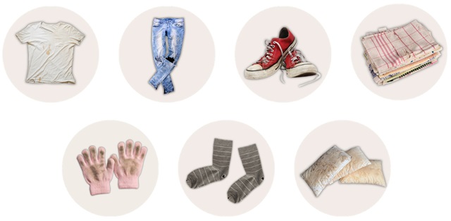7 circular images of recyclable clothes, bedding and textiles
