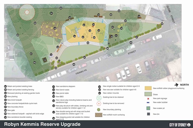 Site plan for Robyn Kemmis Reserve Upgrade showing new playground areas, paths, seating, trees, garden beds, grass, parking spaces, and key features with a labelled legend.