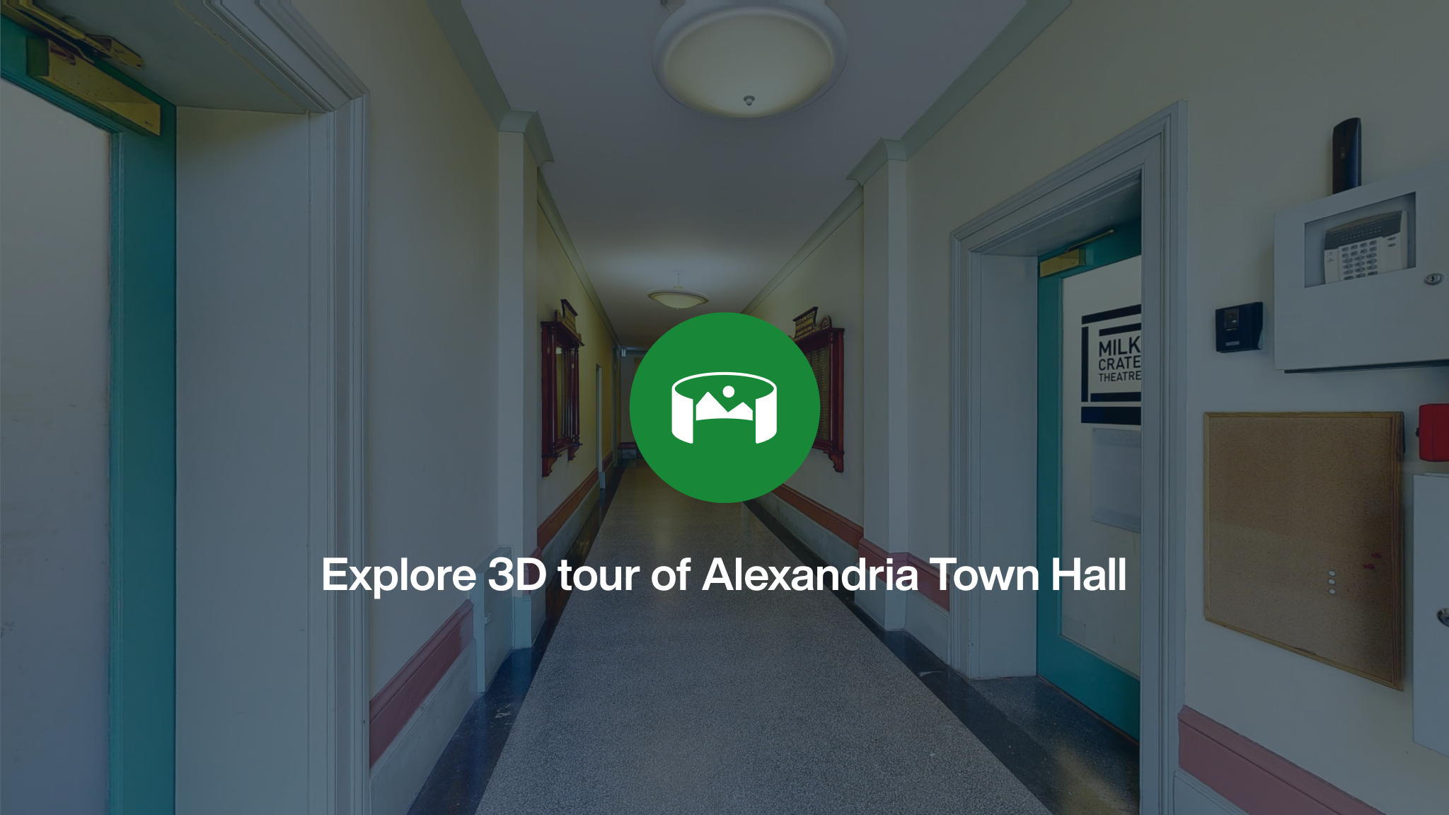 The front entrance to Alexandria Town Hall overlayed with a green icon and the words Explore 3D tour of Alexandria Town Hall.
