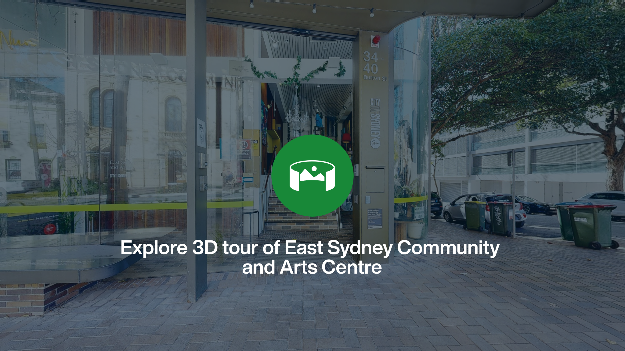 The front entrance to East Sydney Community and Arts Centre overlayed with a green icon and the words Explore 3D tour of East Sydney Community and Arts Centre.
