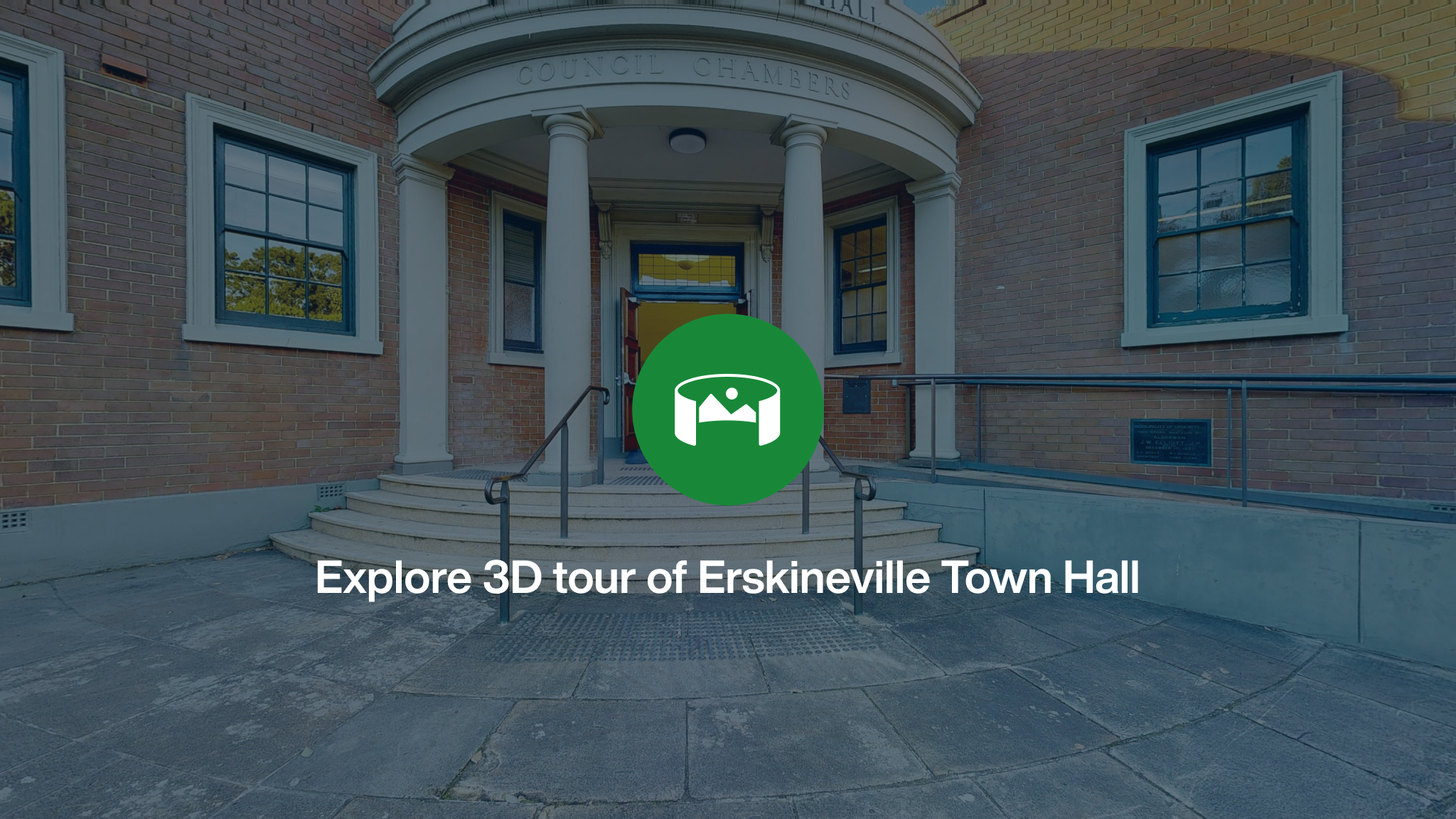 The front entrance to Erskineville Town Hall  overlayed with a green icon and the words Explore 3D tour of Erskineville Town Hall.
