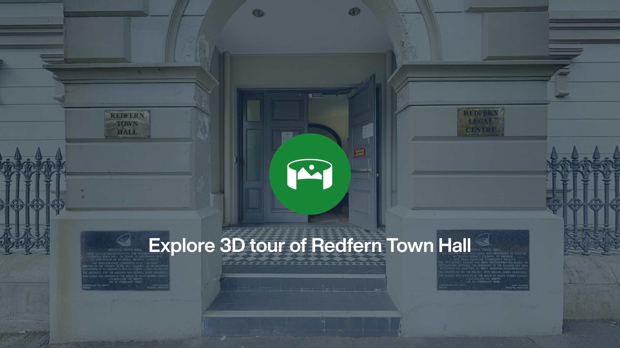 The front entrance to Redfern Town Hall overlayed with a green icon and the words Explore 3D tour of Redfern Town Hall.