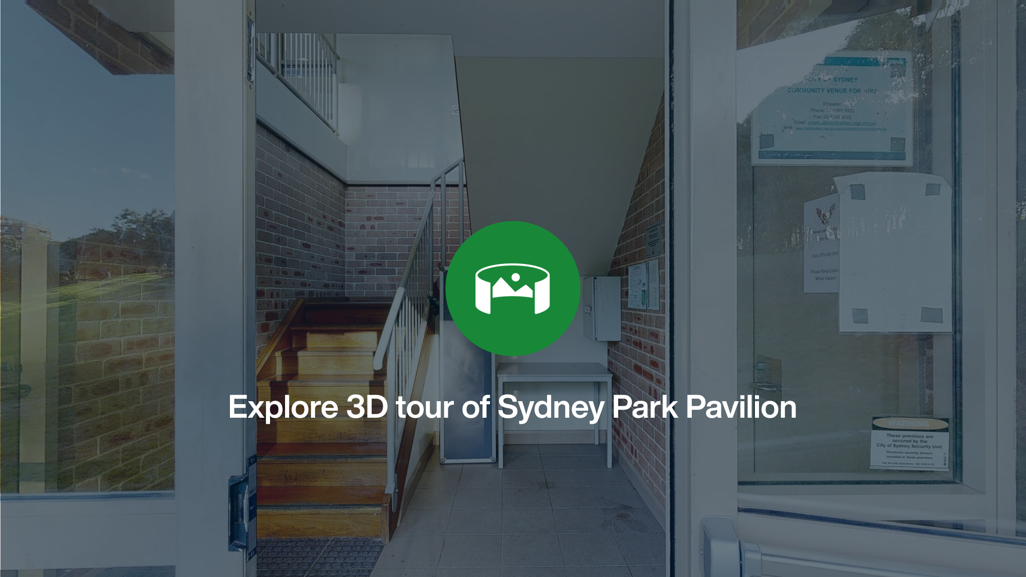 The front entrance to Sydney Park Pavilion overlayed with a green icon and the words Explore 3D tour of Sydney Park Pavilion,