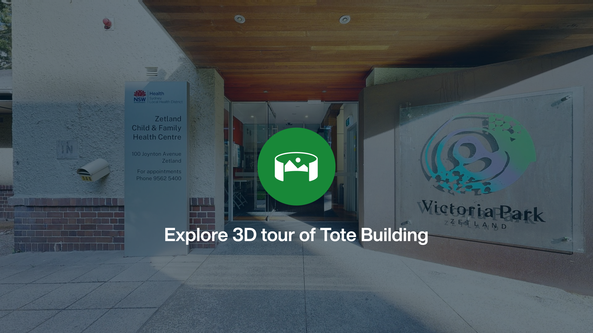 An exterior image of the Tote Building with an green icon and the words Explore 3D tour of Tote Building 