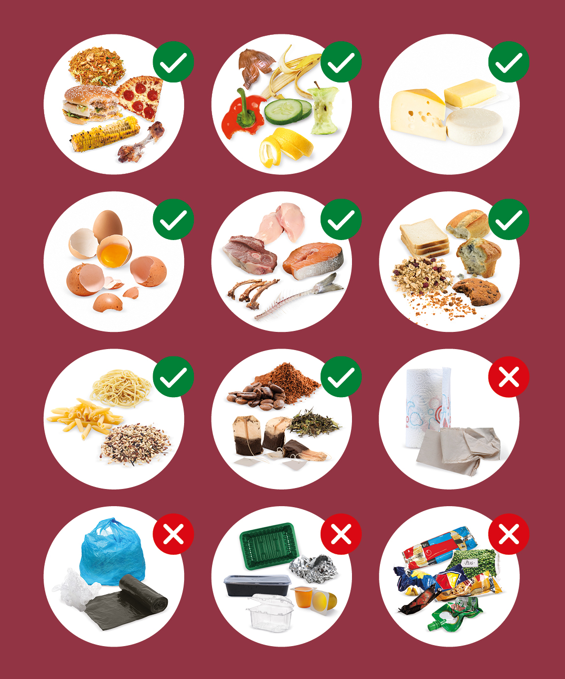 Items accepted in the food scraps bin include leftovers and spoiled food; fruit and veg peelings; dairy products; eggs and eggshells; meat, small bones, fish and seafood (no shells); bread, pastries, cakes and biscuits; rice, grains, cereals and noodles; and tea bags, tea leaves and coffee grounds. Items not accepted in the food scraps bin include food-soiled paper towels or napkins; plastic bags and plastic film; food packaging, takeaway containers, meat trays and foil; and general rubbish.