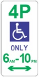 A parking sign indicating that this area is mobility parking only, with a 4 hour limit between the hours of 6am to 10pm.