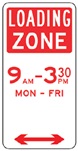 A parking sign indicating that this area is a loading zone between 9:30am to 3:30pm on Monday to Friday.